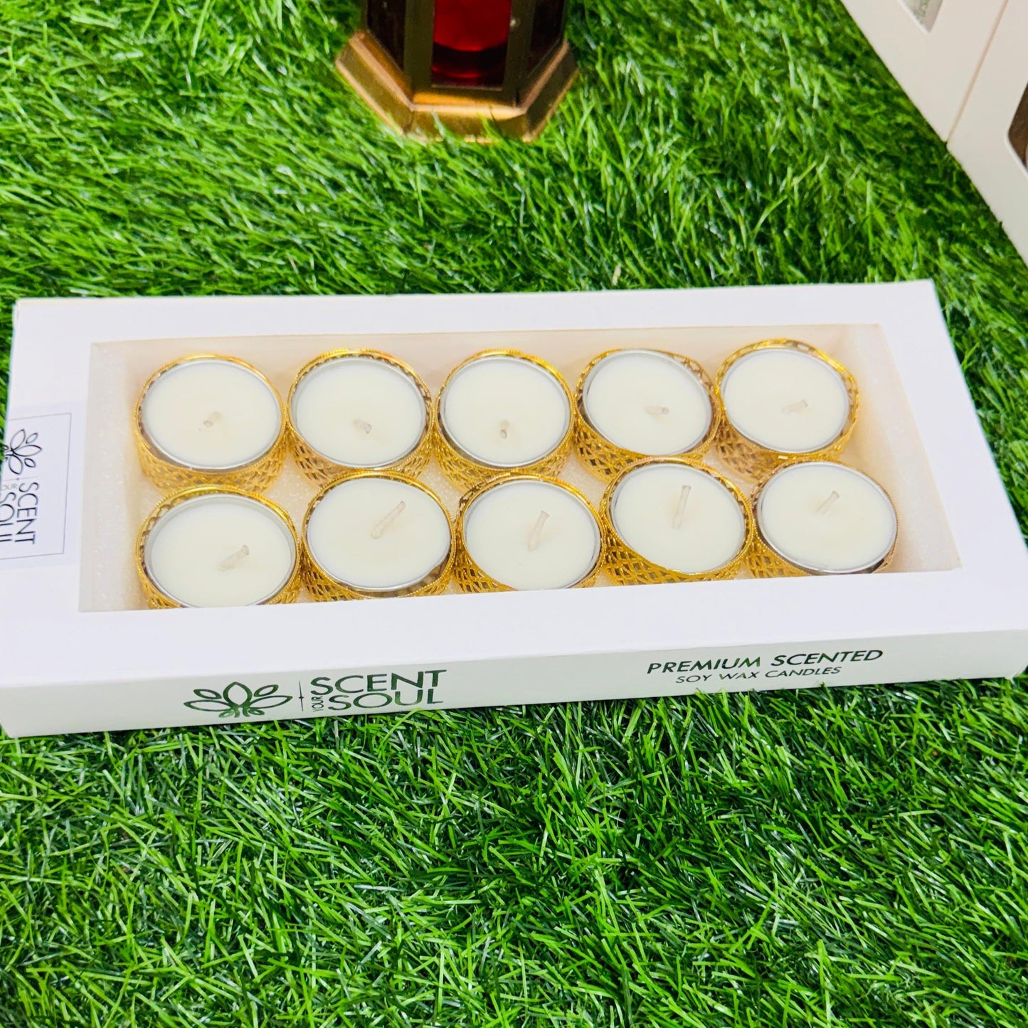 Decorative Wax Tealight Candle with Golden Metal T-light Candle Holder Stands – Round for Pooja Thali and Diwali Decoration (Pack of 10)