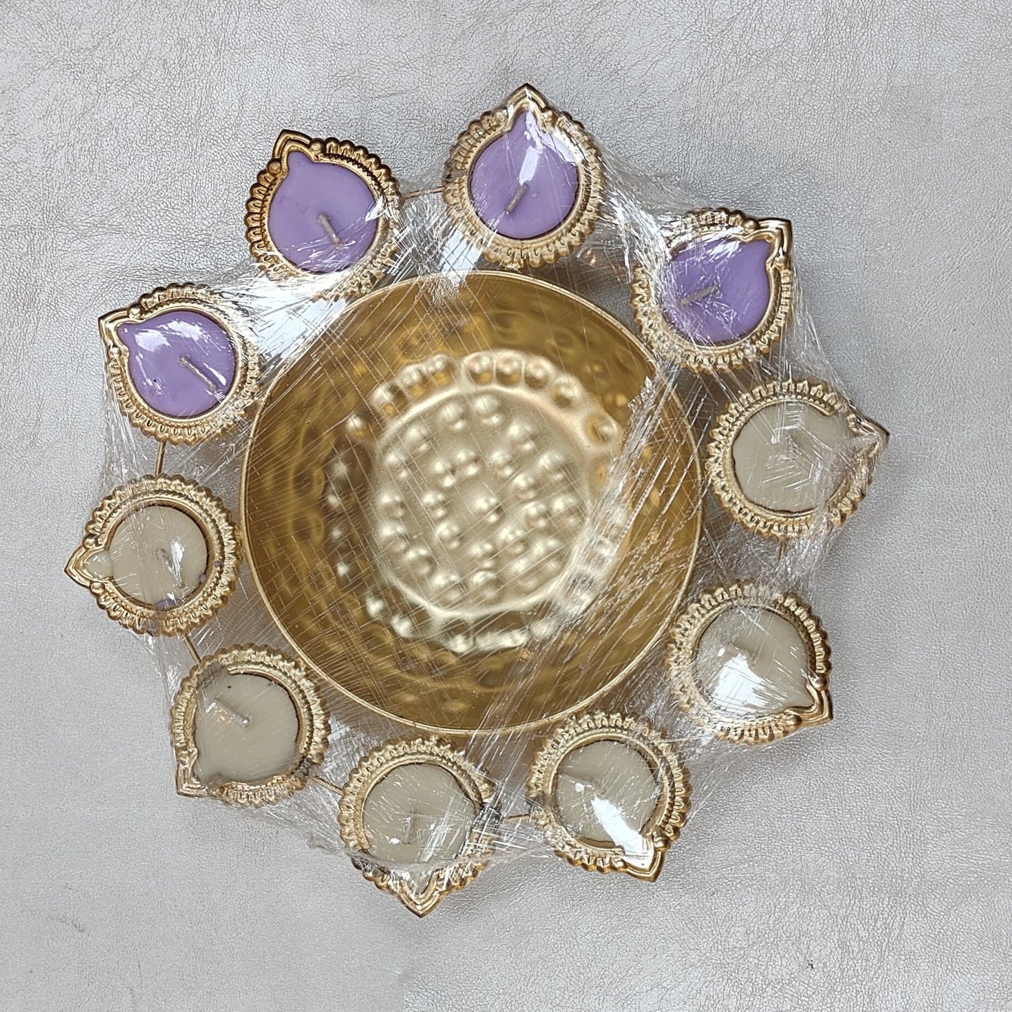 Handcrafted Premium Diya Shape Gold Plated Decorative Urli Bowl with Soy Wax Candle – 10 Diya Set