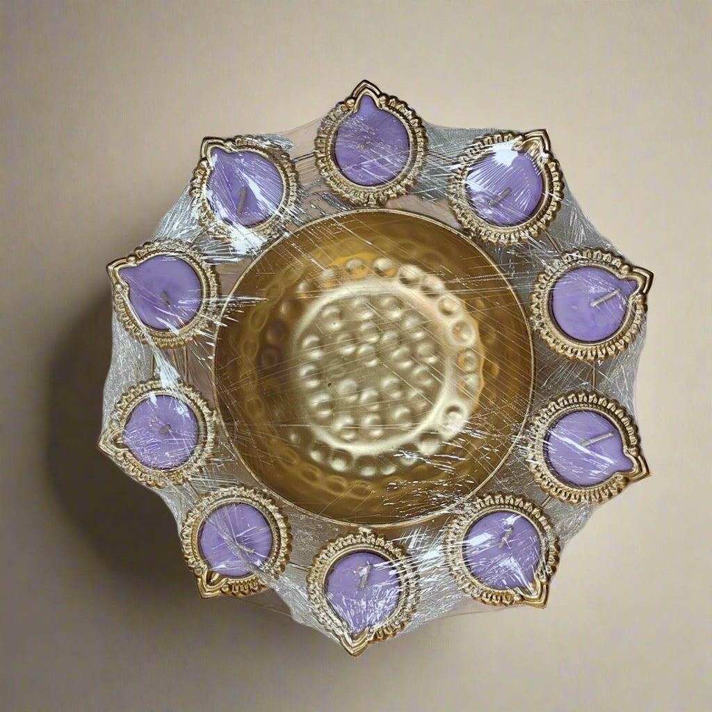 Handcrafted Premium Diya Shape Gold Plated Decorative Urli Bowl with Soy Wax Candle – 9 Diya Set