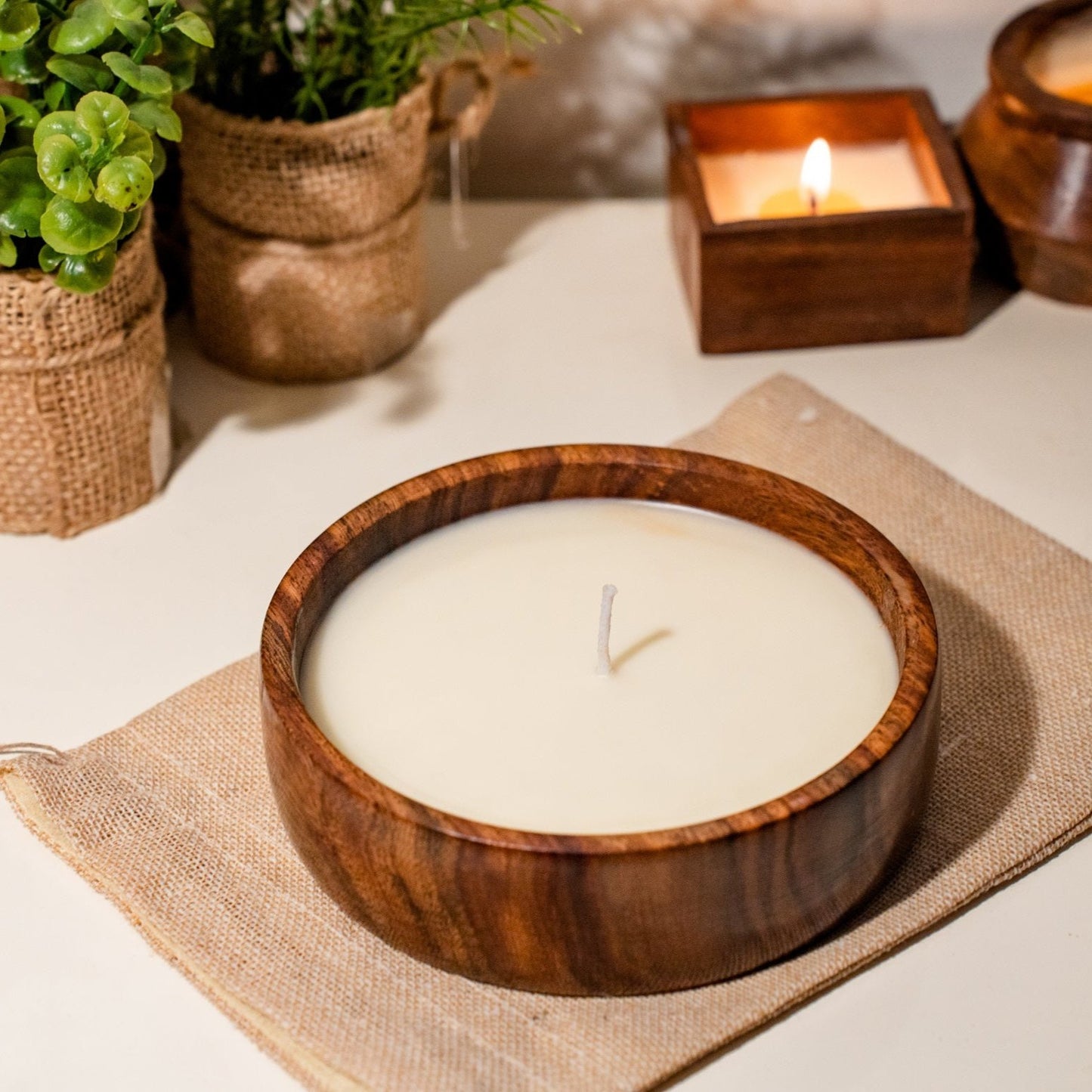 Premium Scented Candle in Sheesham Wood Medium Flat Bowl