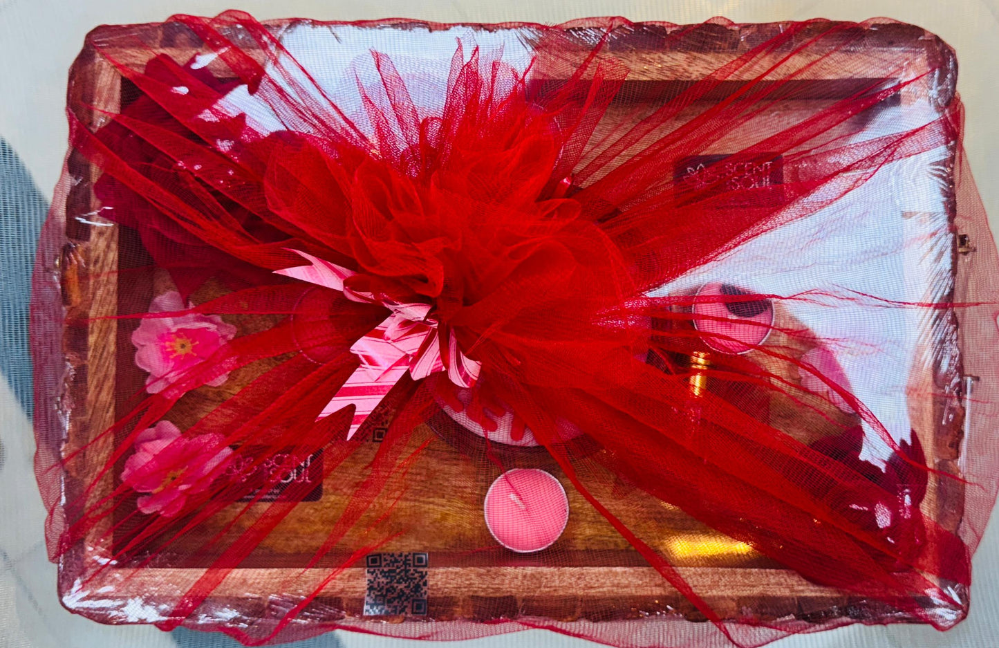 Scent Your Soul Valentine’s Day Gift Hamper ("Be My Valentine" Scented Candle, Tealight Candles, Attar Bottles, Decorative Floral, Premium Wooden Tray)