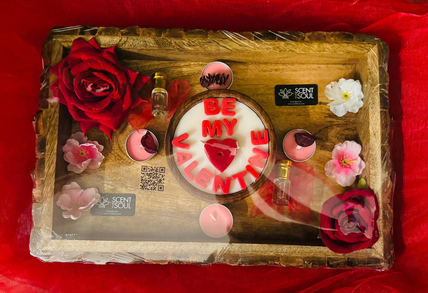 Scent Your Soul Valentine’s Day Gift Hamper ("Be My Valentine" Scented Candle, Tealight Candles, Attar Bottles, Decorative Floral, Premium Wooden Tray) – A Romantic Fragrance Experience