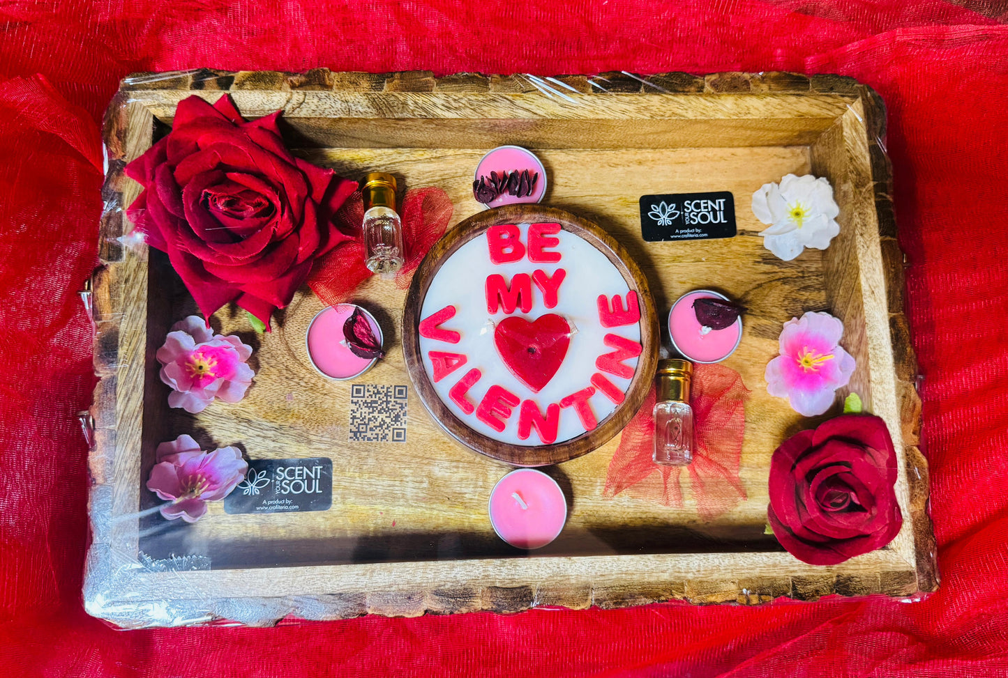 Scent Your Soul Valentine’s Day Gift Hamper ("Be My Valentine" Scented Candle, Tealight Candles, Attar Bottles, Decorative Floral, Premium Wooden Tray) – A Romantic Fragrance Experience