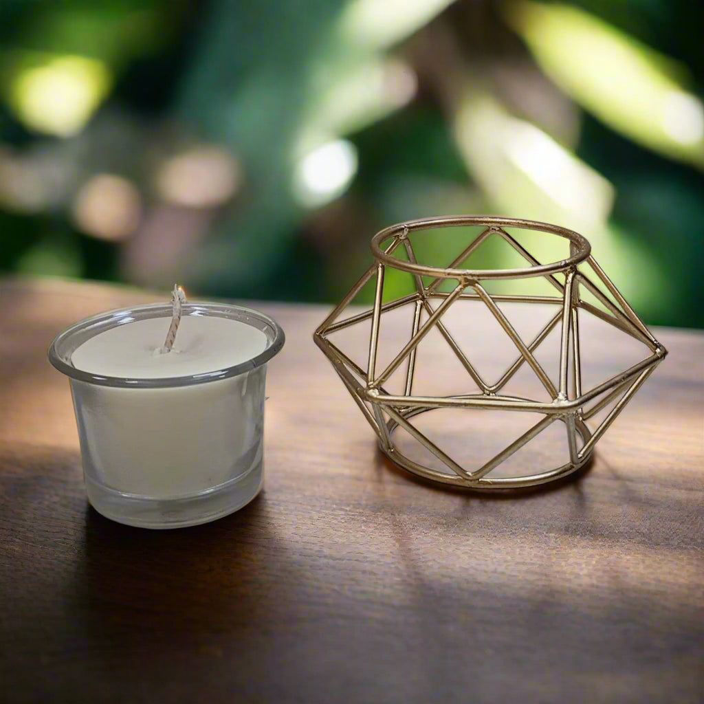 Metal Geometric Golden Candle Holder with White Glass Candle Soy Wax