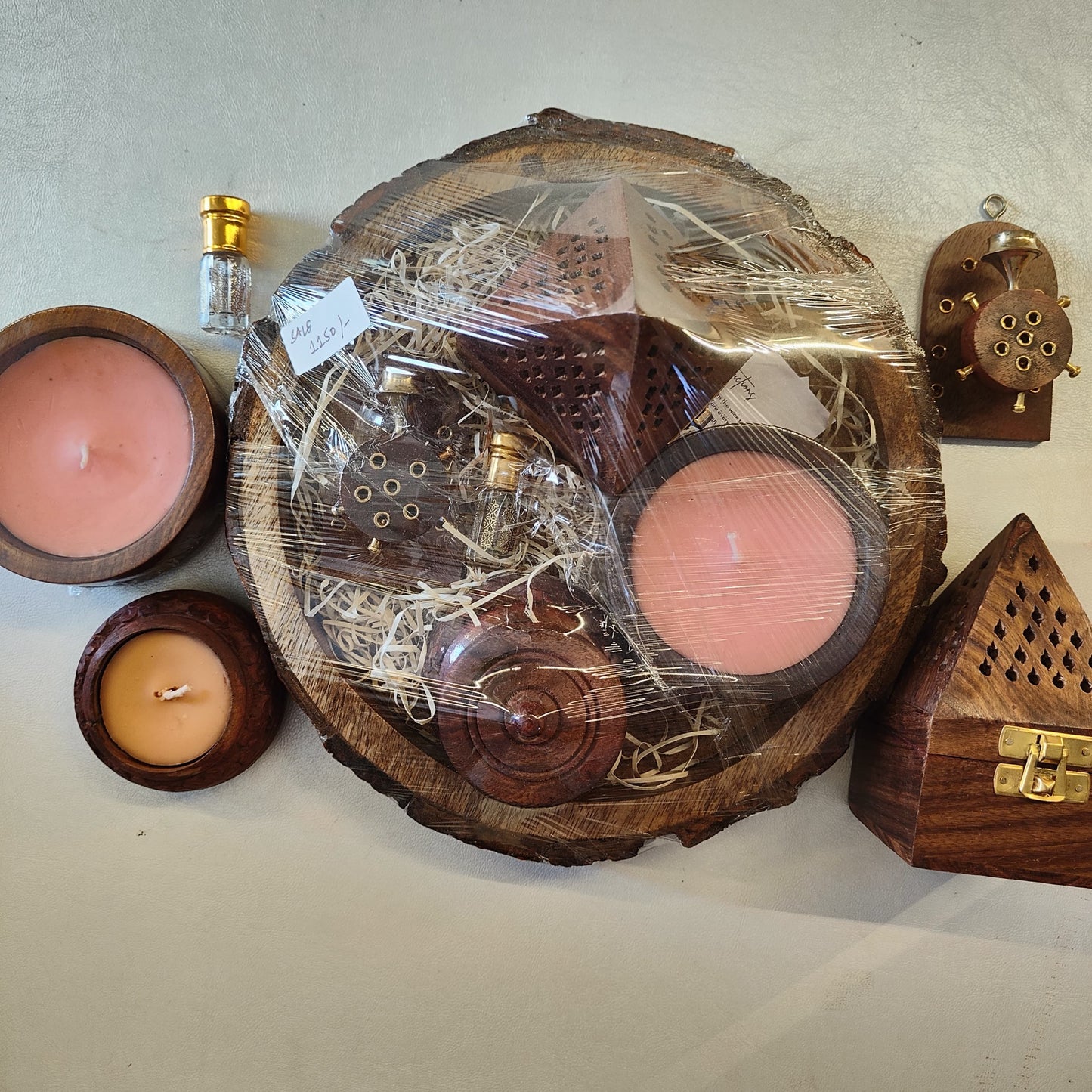 Diwali Gift Hamper: Wooden Tray with Soy Candles, Incense Holder, Attar & More