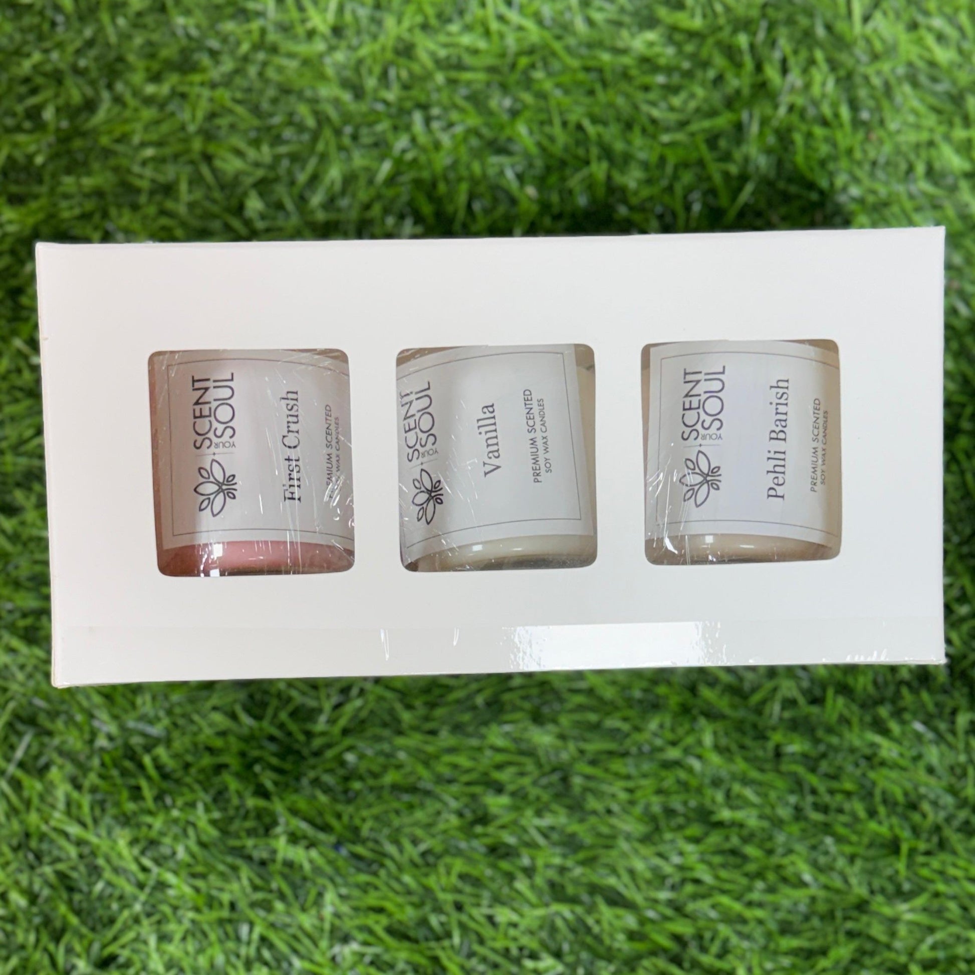 Premium Scented Candle Set of 3 – Vanilla, Pehli Barish, and First Crush