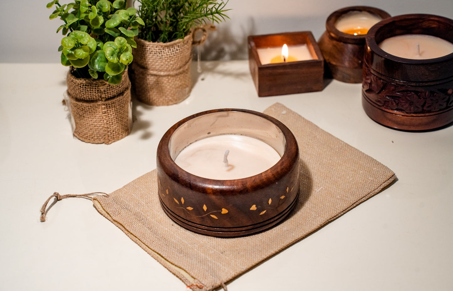 Soy Wax Scented Candle in Sheesham Wooden Jar with Steel Inside
