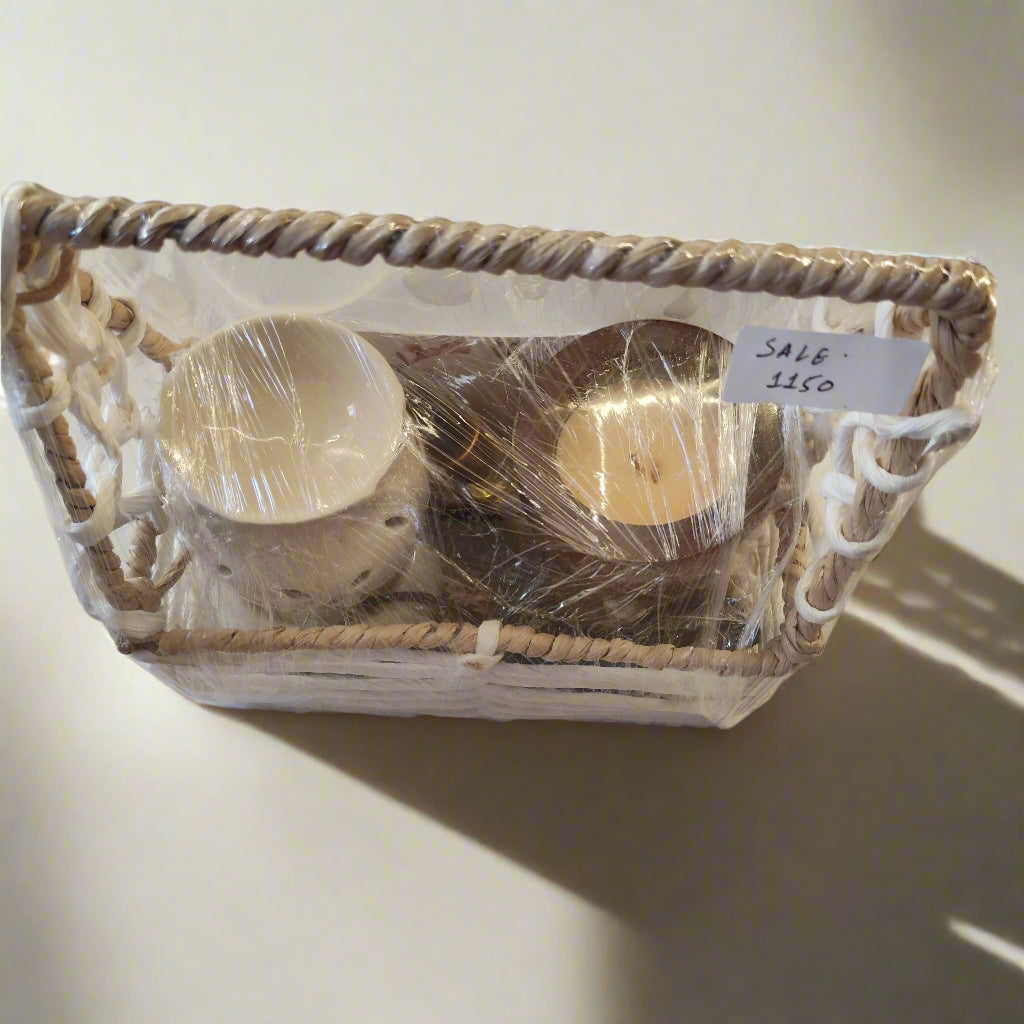 Best Diwali Gift Hamper – Soy Wax Candle, Electric Diffuser & Essential Oil Set in a Basket