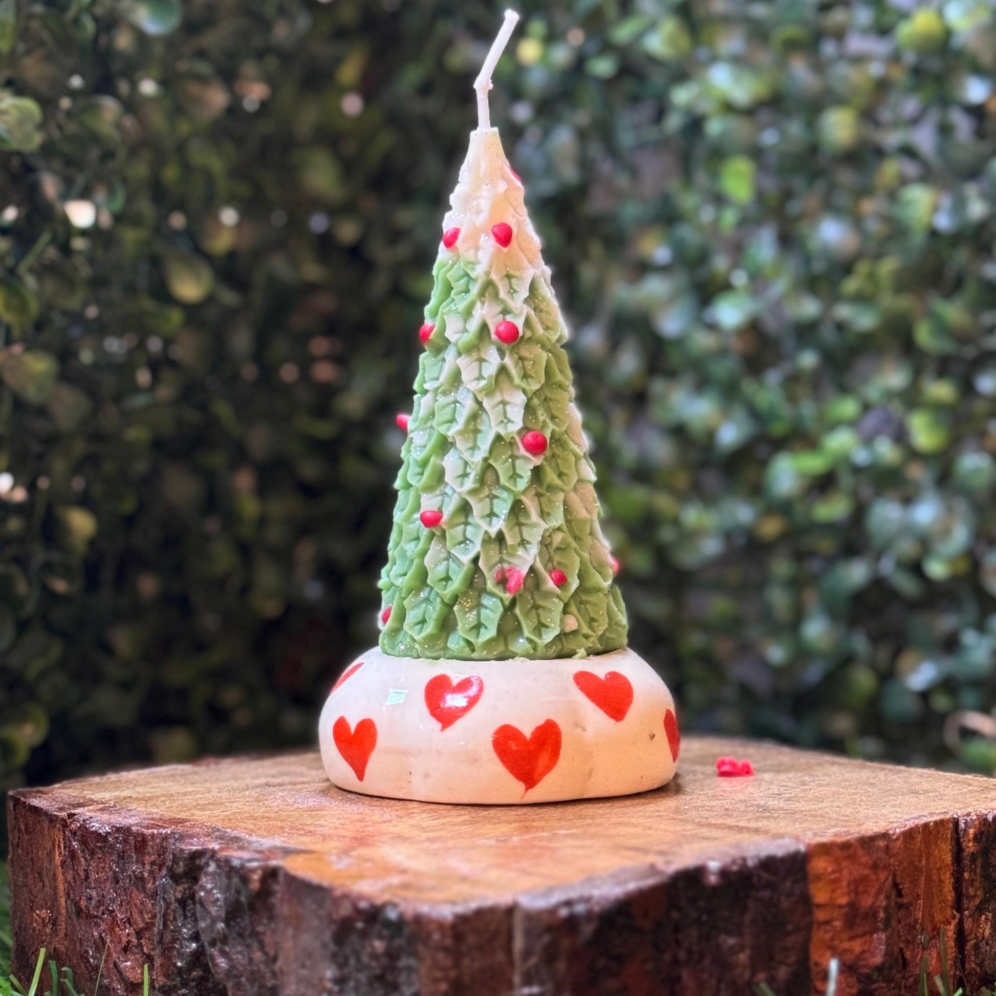 Christmas Tree-Shaped Candle Soy Wax with Hand-Painted Heart Design Ceramic Holder 1