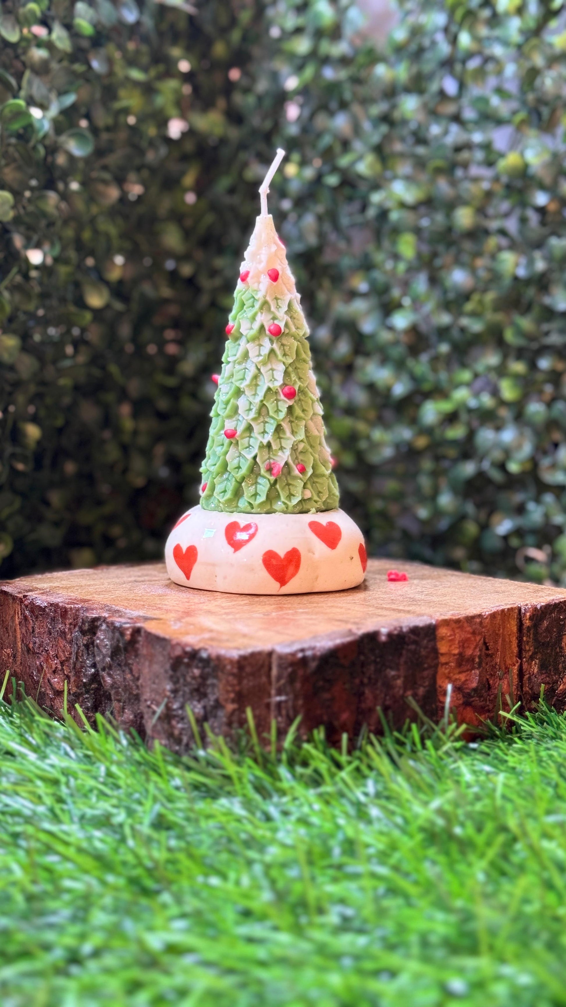 Christmas Tree-Shaped Candle Soy Wax with Hand-Painted Heart Design Ceramic Holder 1