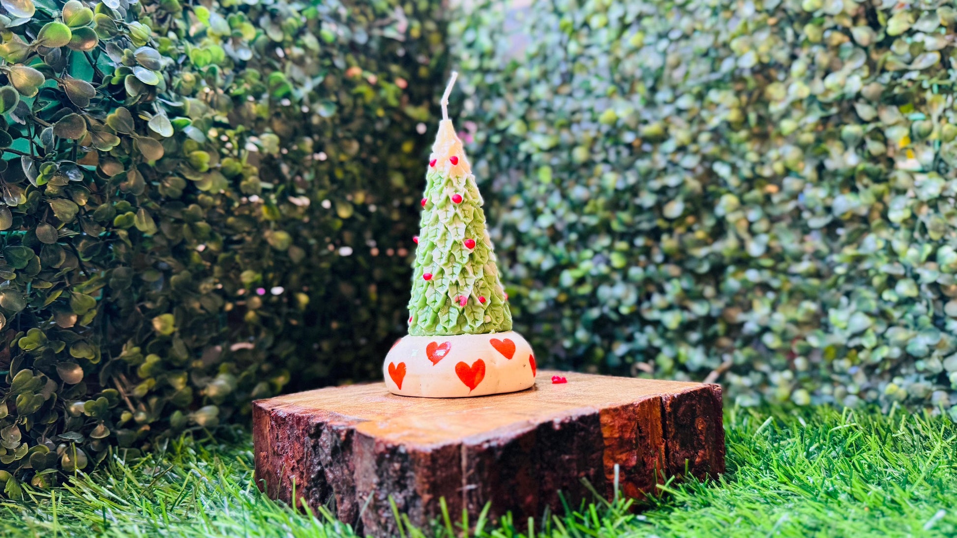 Christmas Tree-Shaped Candle Soy Wax with Hand-Painted Heart Design Ceramic Holder 1