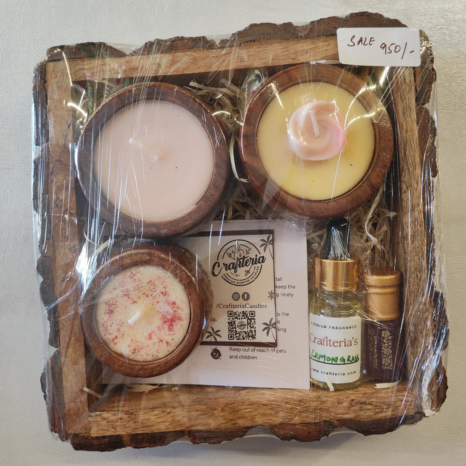 Crafiteria Premium Diwali Gift Hamper – 3 Designer Soy Wax Candles, Essential Diffuser Oil, Roll-On Attar Perfume in Wooden Buckle Tray – Best Diwali Gift