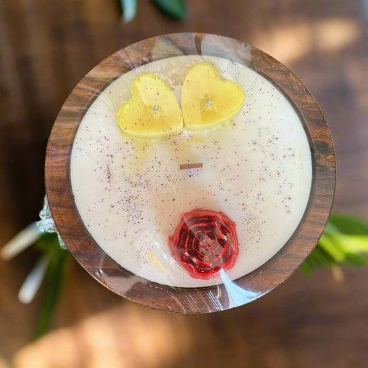Premium Designer Scented Candle with Little Hearts and Rose Design in Sheesham Wood Bowl