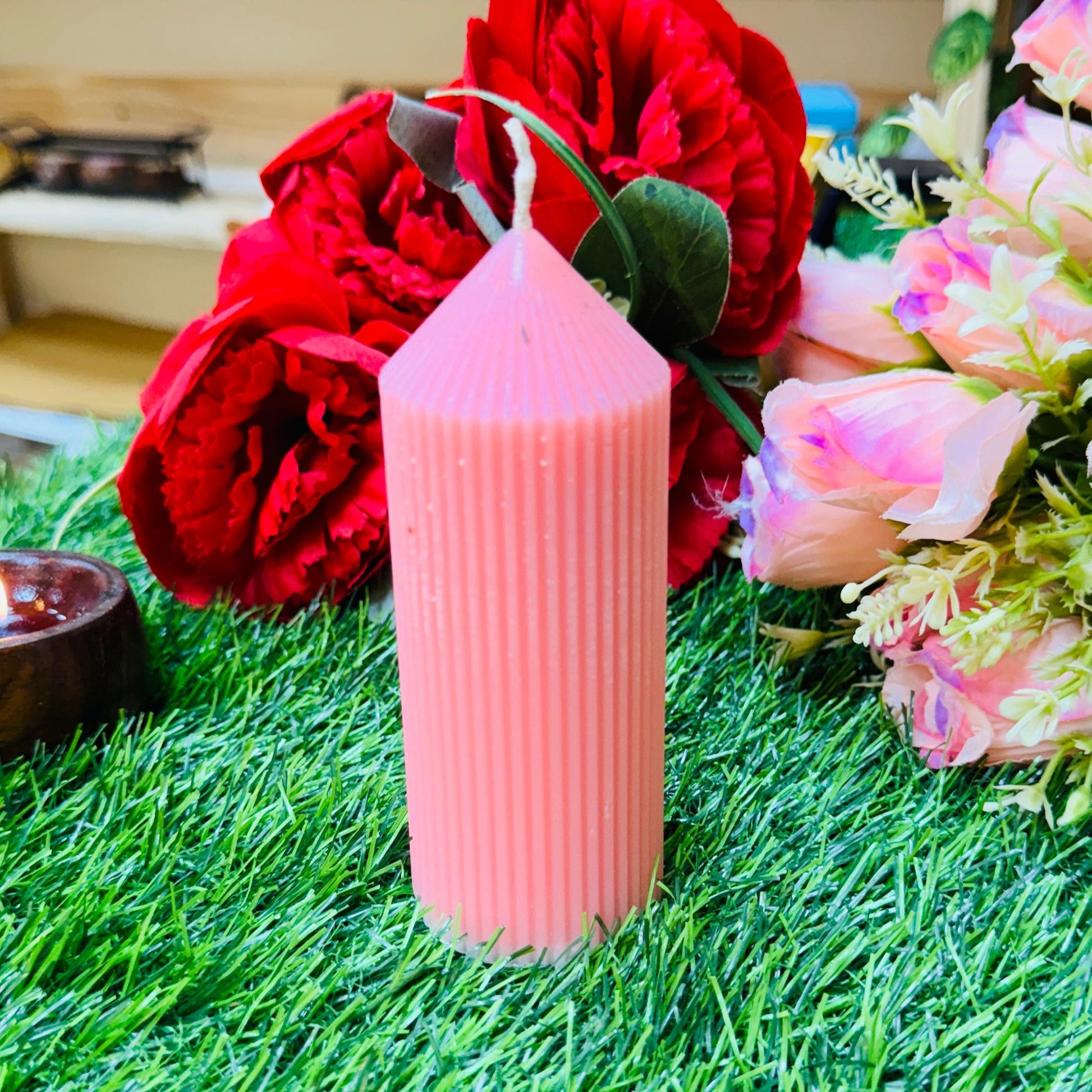 Designer Soy Wax Ribbed Pillar Candle for Home Decor/Table Decor/Candlelight Dinner/Parties