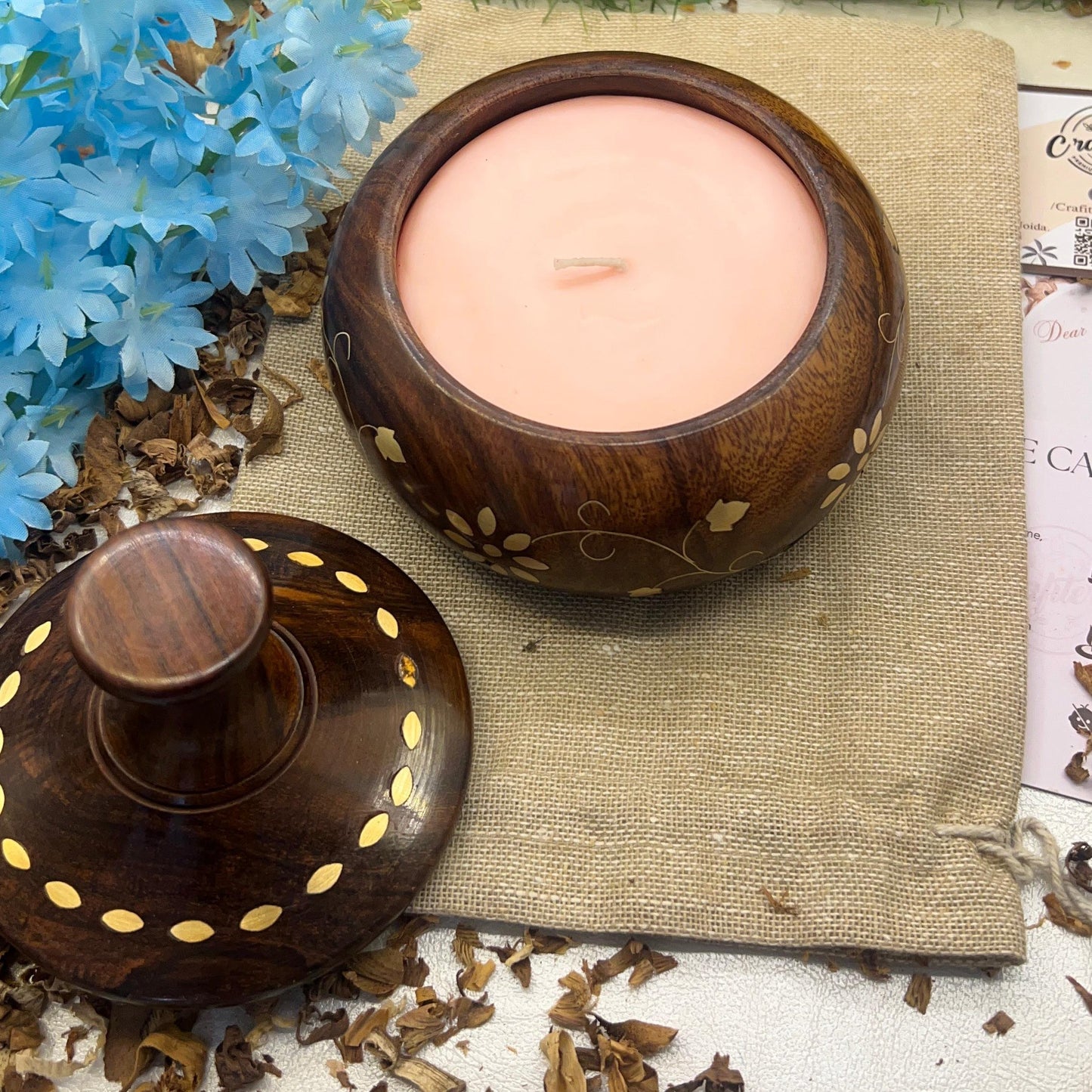 Luxury Soy Wax Aromatherapy Candles in Brass Work Handcrafted in Sheesham Wooden Jar