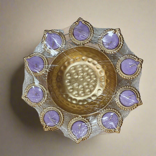 Handcrafted Premium Diya Shape Gold Plated Decorative Urli Bowl with Soy Wax Candle – 9 Diya Set 