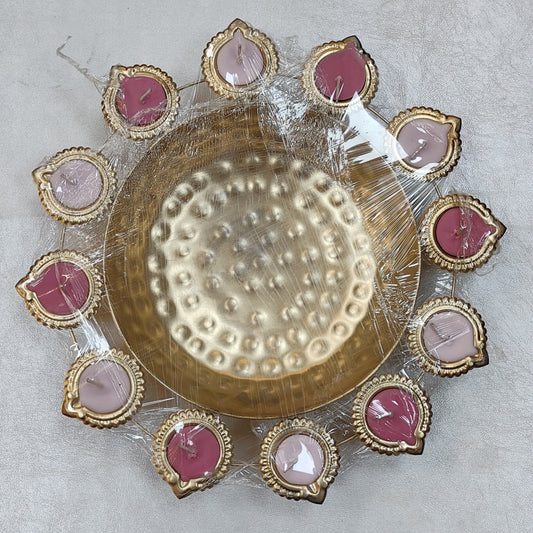 Crafiteria Creation Handcrafted Premium Diya Shape Gold Plated Decorative Urli Bowl with Soy Wax Candle – 12 Diya Set