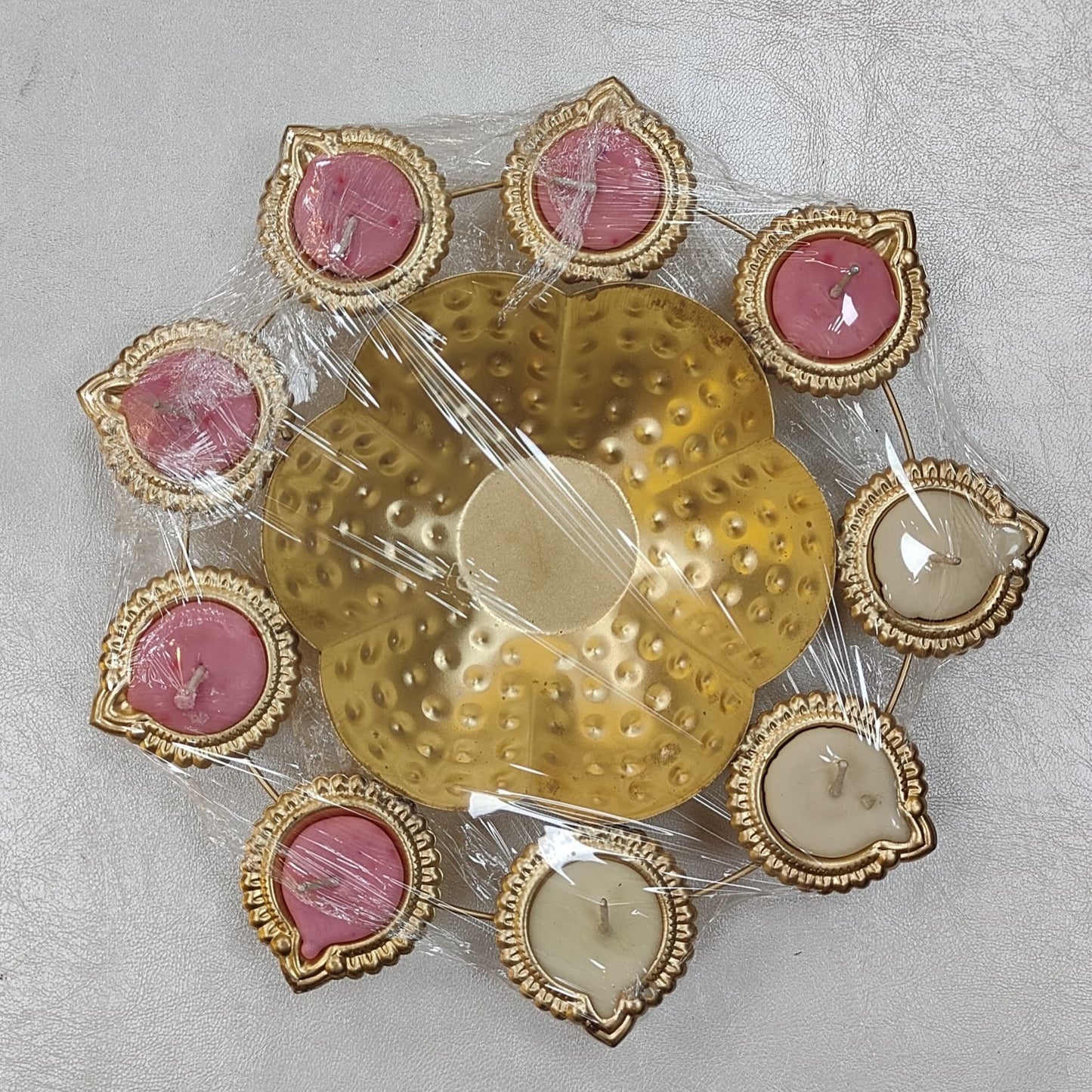 Handcrafted Premium Diya Shape Gold Plated Decorative Urli Bowl with Soy Wax Candle – 9 Diya Set | Perfect for Diwali Décor and Festive Home Decoration 