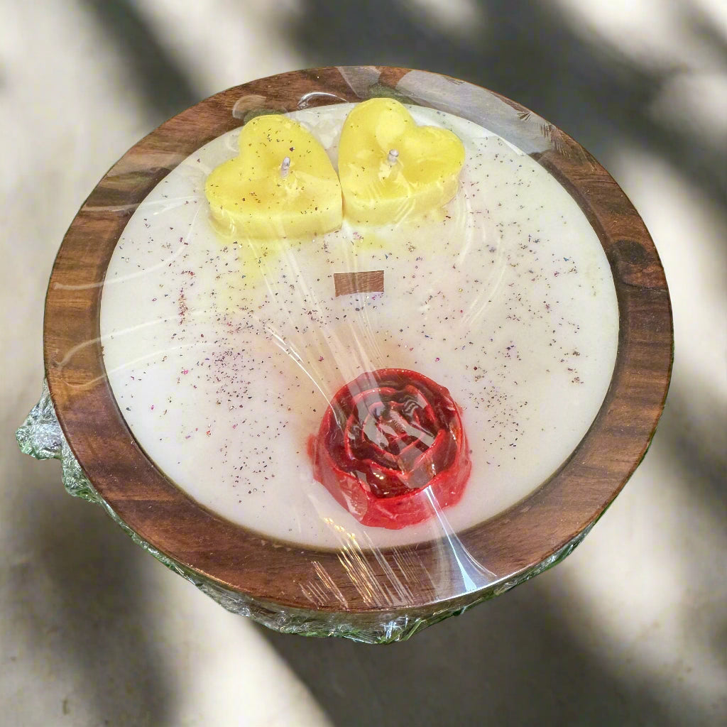 Premium Designer Scented Candle with Little Hearts and Rose Design in Sheesham Wood Bowl