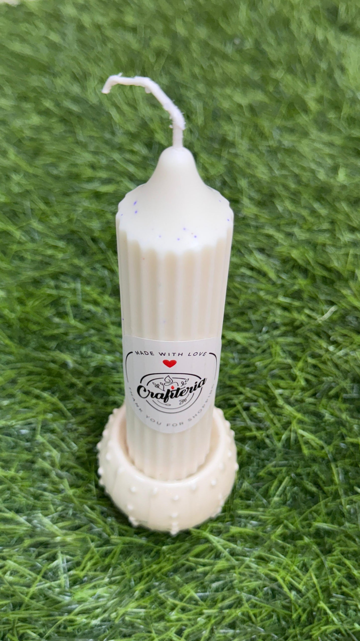 Pure Soy Wax Ribbed Pillar Candle with Ceramic Holder 