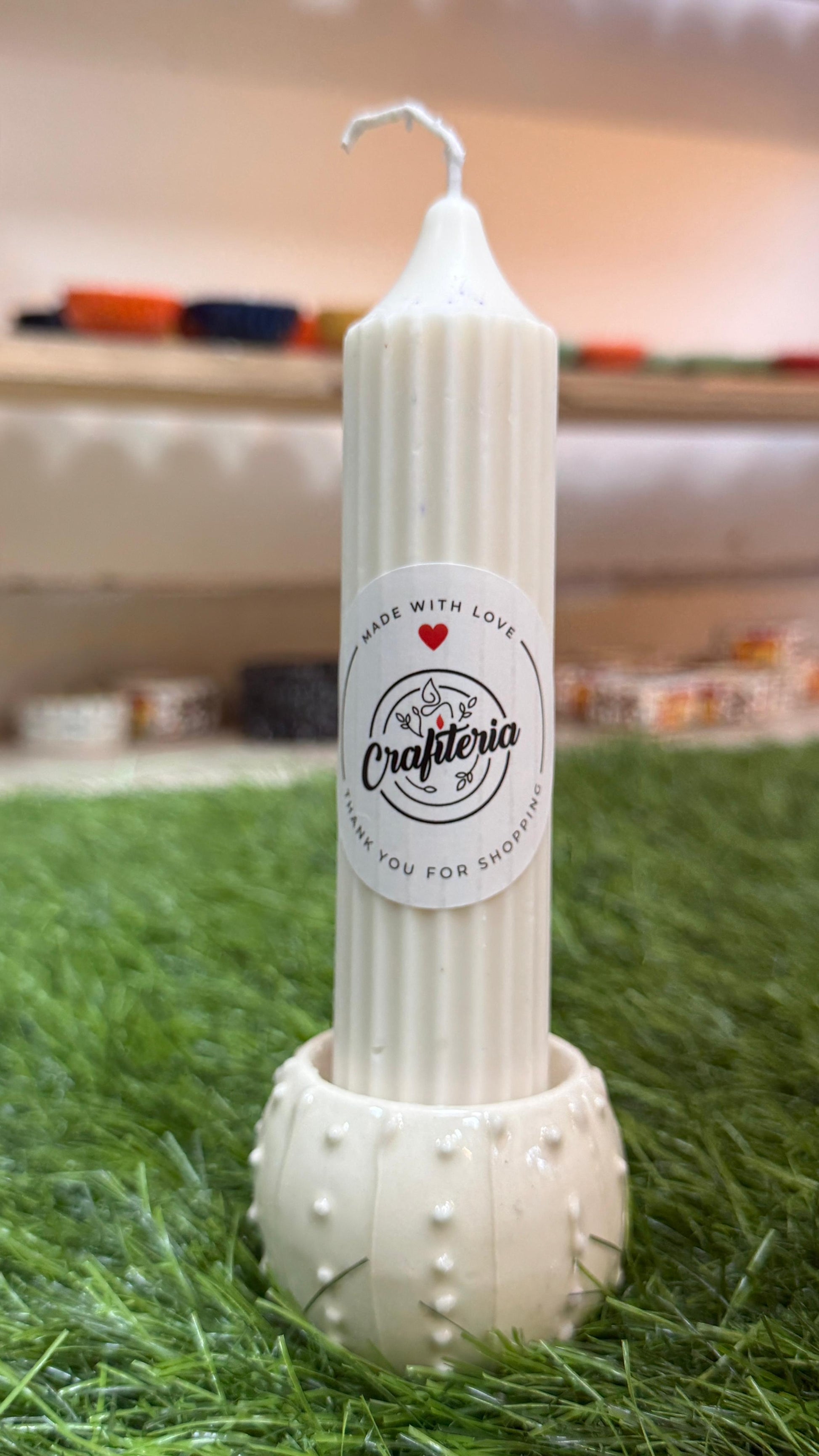 Pure Soy Wax Ribbed Pillar Candle with Ceramic Holder 