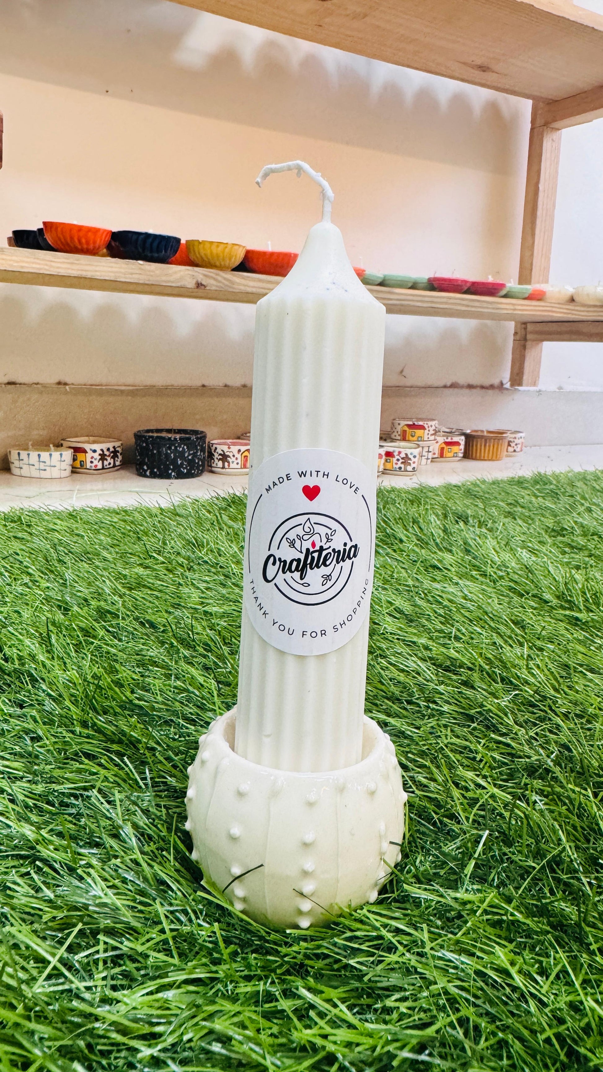 Pure Soy Wax Ribbed Pillar Candle with Ceramic Holder 
