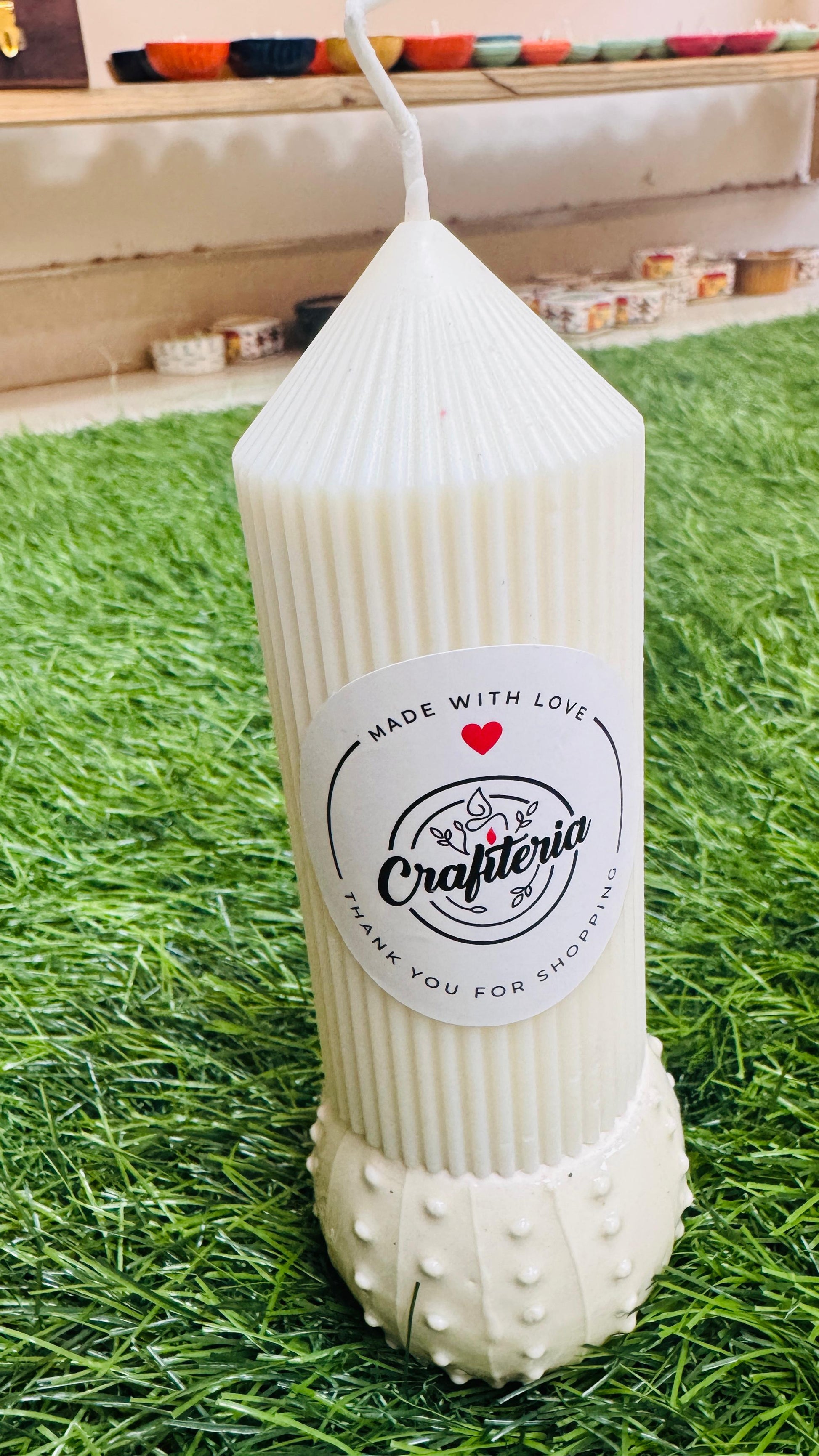 Pure Soy Wax Ribbed Pillar Candle with Ceramic Holder 