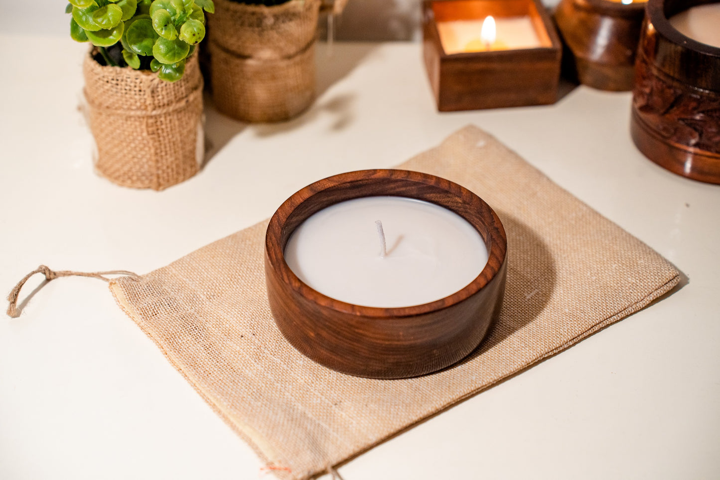 Premium Scented Candle - Sheesham Wood Medium Flat Bowl - CrafiteriaCandles