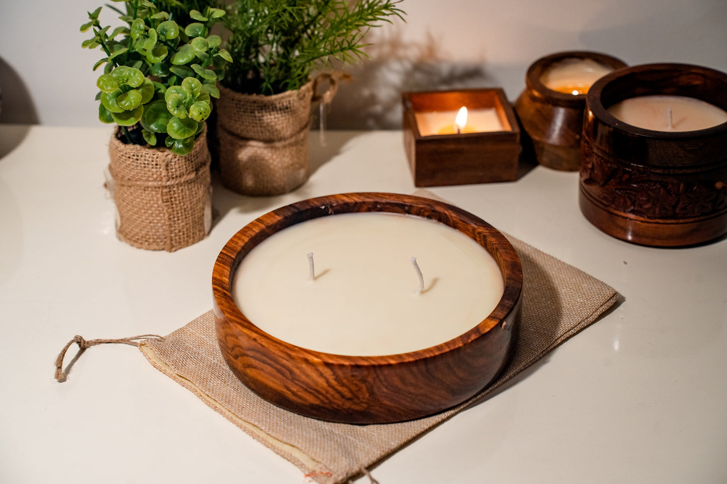Two Wick Soy Wax Scented Candle in Wood - Flat Bowl Large - CrafiteriaCandles