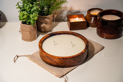 Two Wick Soy Wax Scented Candle in Wood - Flat Bowl Large - CrafiteriaCandles
