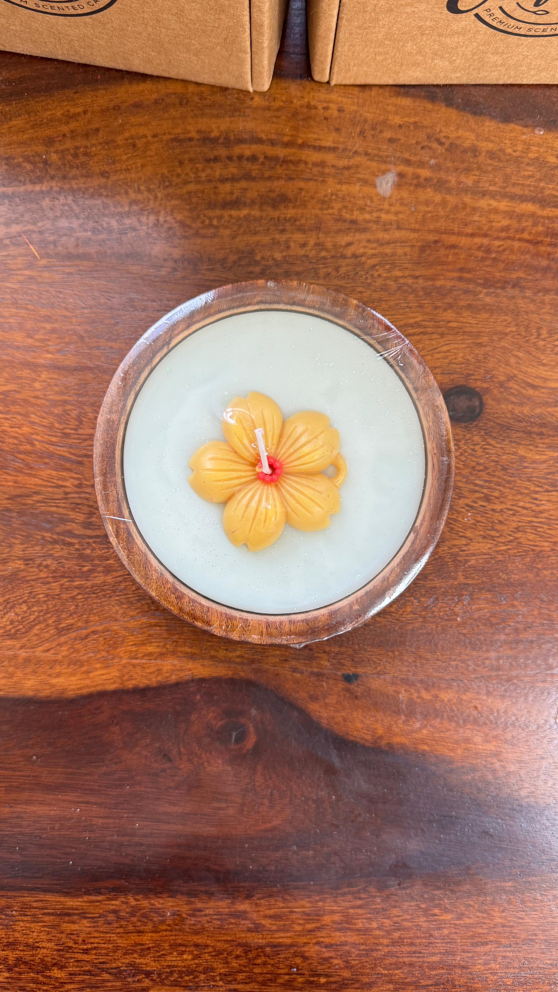 Soy Wax Scented Candle with a Flower Candle at the Top for Home Decor, Gifting, Bathroom, Candle Light Dinner  Single Wick Flower Design Candle in Wooden Container.