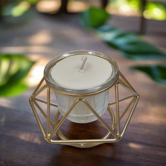 Metal Geometric Golden Candle Holder with White Glass Candle Soy Wax