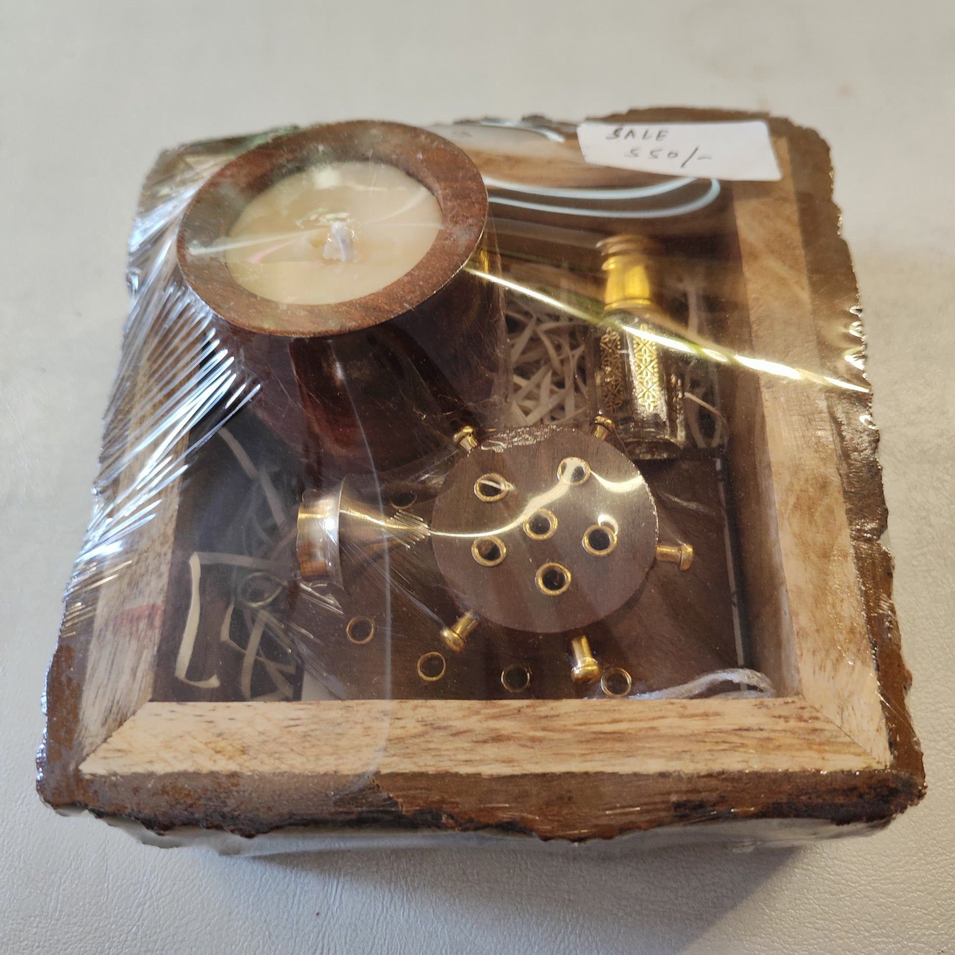 Crafiteria Diwali Gift Hamper – 1 Designer Soy Wax Candle, Wooden Tortoise Incense Stick Holder, Roll-On Attar Perfume in Wooden Buckle Tray