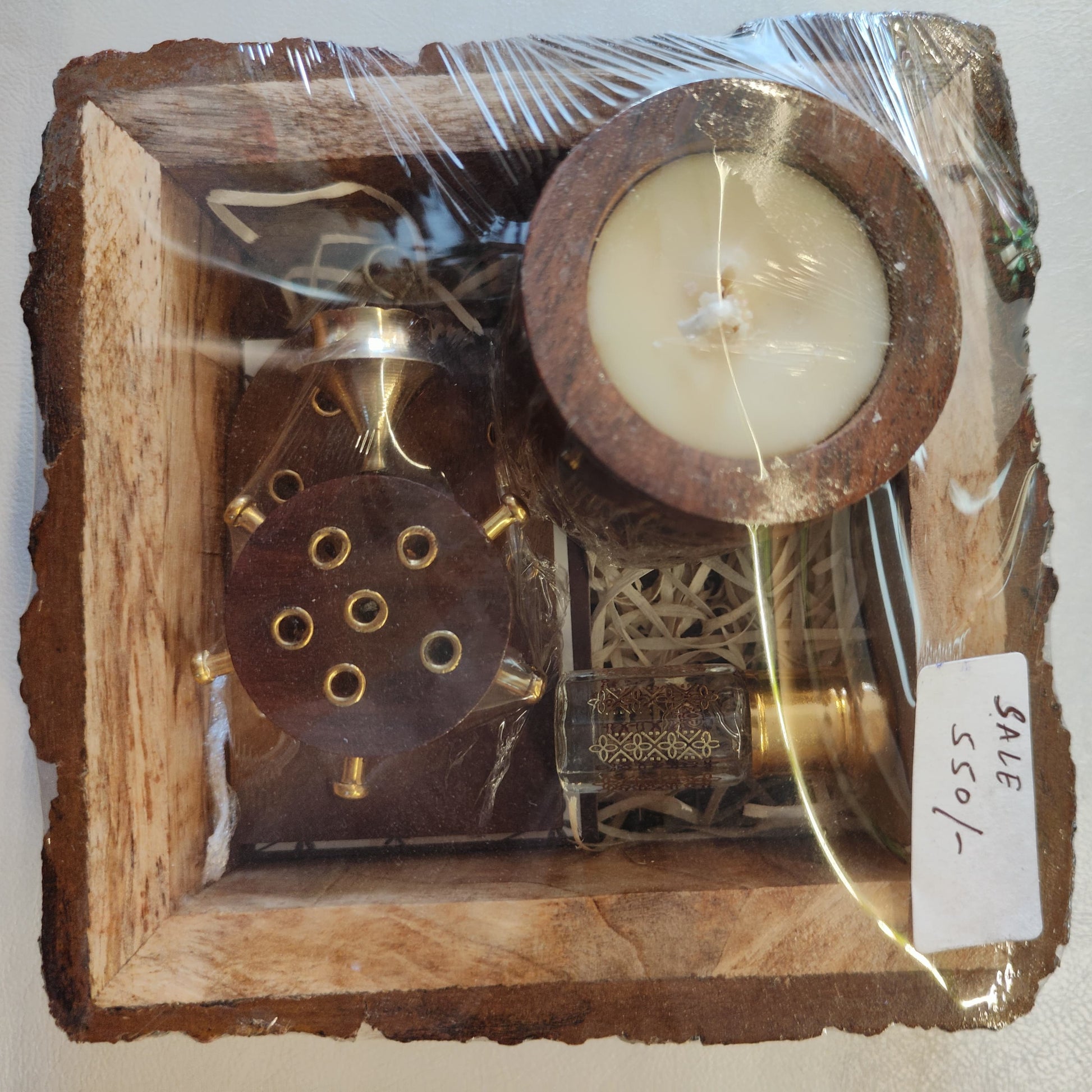 Crafiteria Diwali Gift Hamper – 1 Designer Soy Wax Candle, Wooden Tortoise Incense Stick Holder, Roll-On Attar Perfume in Wooden Buckle Tray
