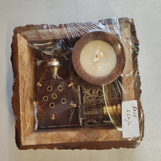 Crafiteria Diwali Gift Hamper – 1 Designer Soy Wax Candle, Wooden Tortoise Incense Stick Holder, Roll-On Attar Perfume in Wooden Buckle Tray