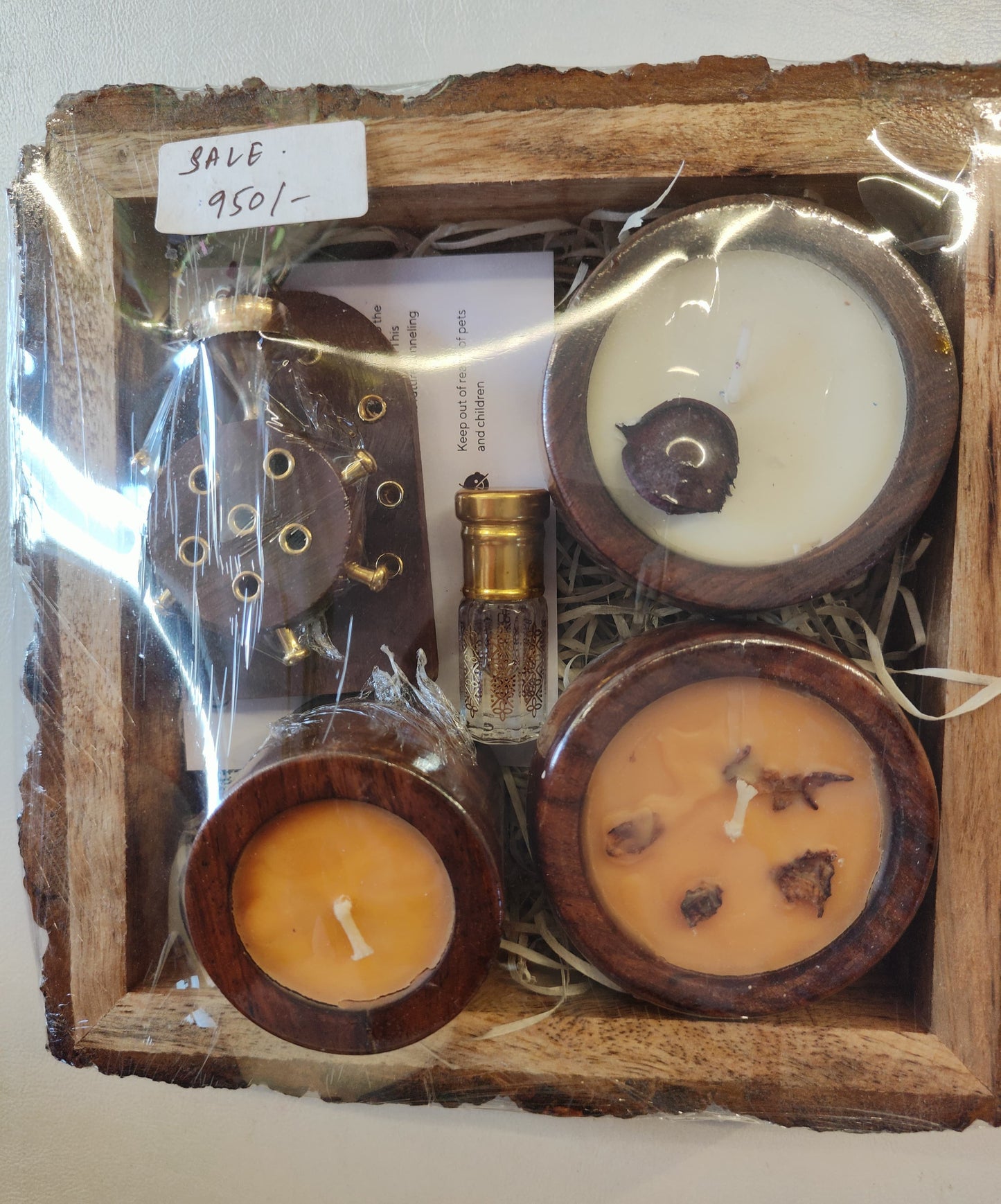 3 Designer Soy Wax Candle, Tortoise Wooden Incense Holder, and Roll-On Attar in a Wooden Buckle Tray