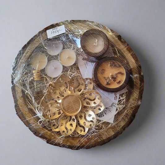 Diwali Gift Hamper - Designer Soy Wax Candles, Lotus Tealight Holder, Attar Perfume & Wooden Buckle Tray 
