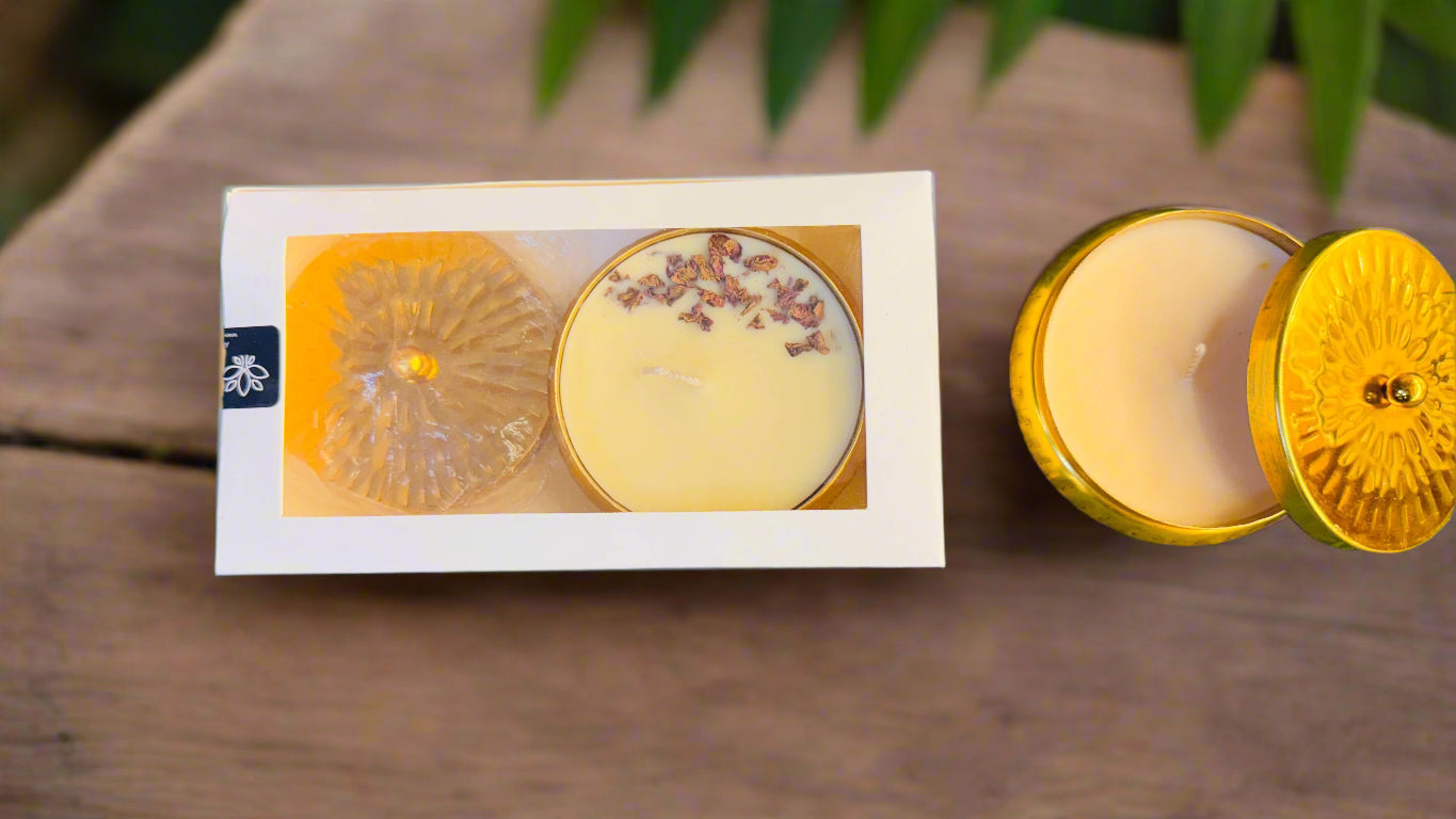 Premium Urli Candle Gift Set – Golden Metal Urli Candle with Lid, Soy Wax Scented Candle for Gifting and Decoration