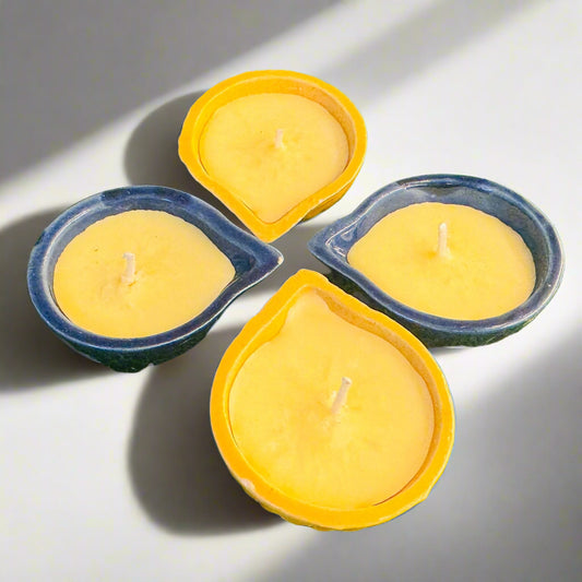4 Piece Multicolor Ceramic Pure Soy Wax Diya Set – Yellow and Blue 