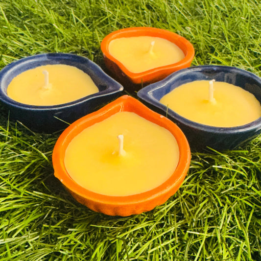 4 Piece Multicolor Ceramic Pure Soy Wax Diya Set – Orange and Blue 