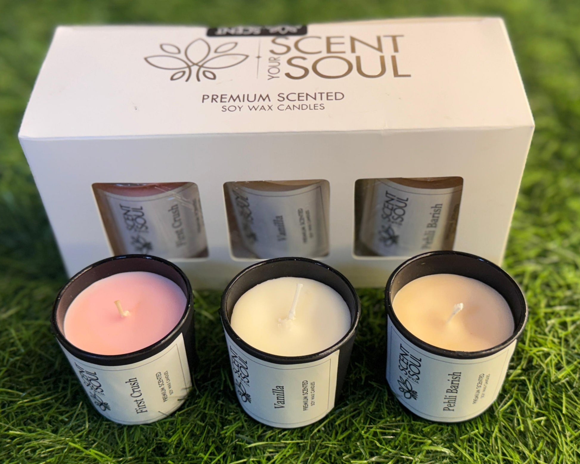 Premium Soy Wax Scented Candle in Glass Set of 3 – Vanilla, Pehli Barish, and First Crush | Best Diwali Gift