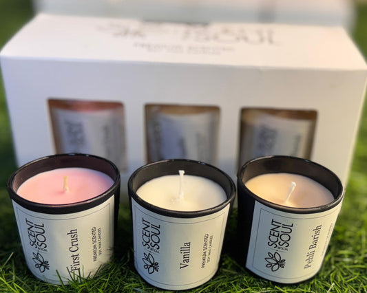 Premium Soy Wax Scented Candle in Glass Set of 3 – Vanilla, Pehli Barish, and First Crush | Best Diwali Gift