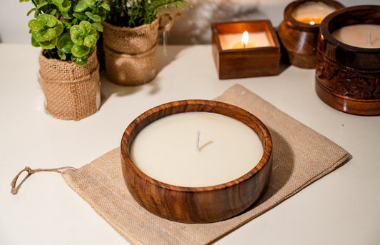 Premium Scented Candle - Sheesham Wood Medium Flat Bowl - CrafiteriaCandles