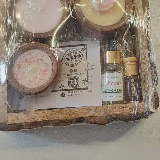 3 Designer Soy Wax Candles, Essential Diffuser Oil, Roll-On Attar Perfume in Wooden Buckle Tray 
