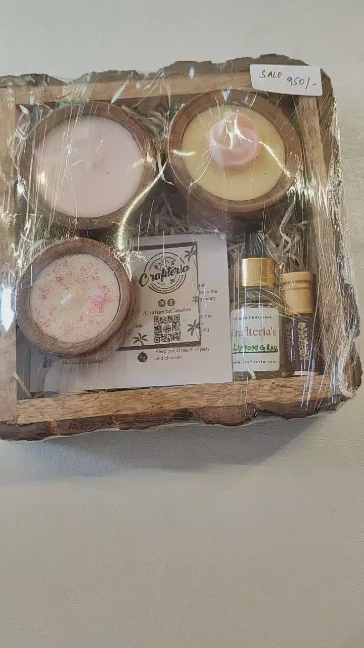 3 Designer Soy Wax Candles, Essential Diffuser Oil, Roll-On Attar Perfume in Wooden Buckle Tray 