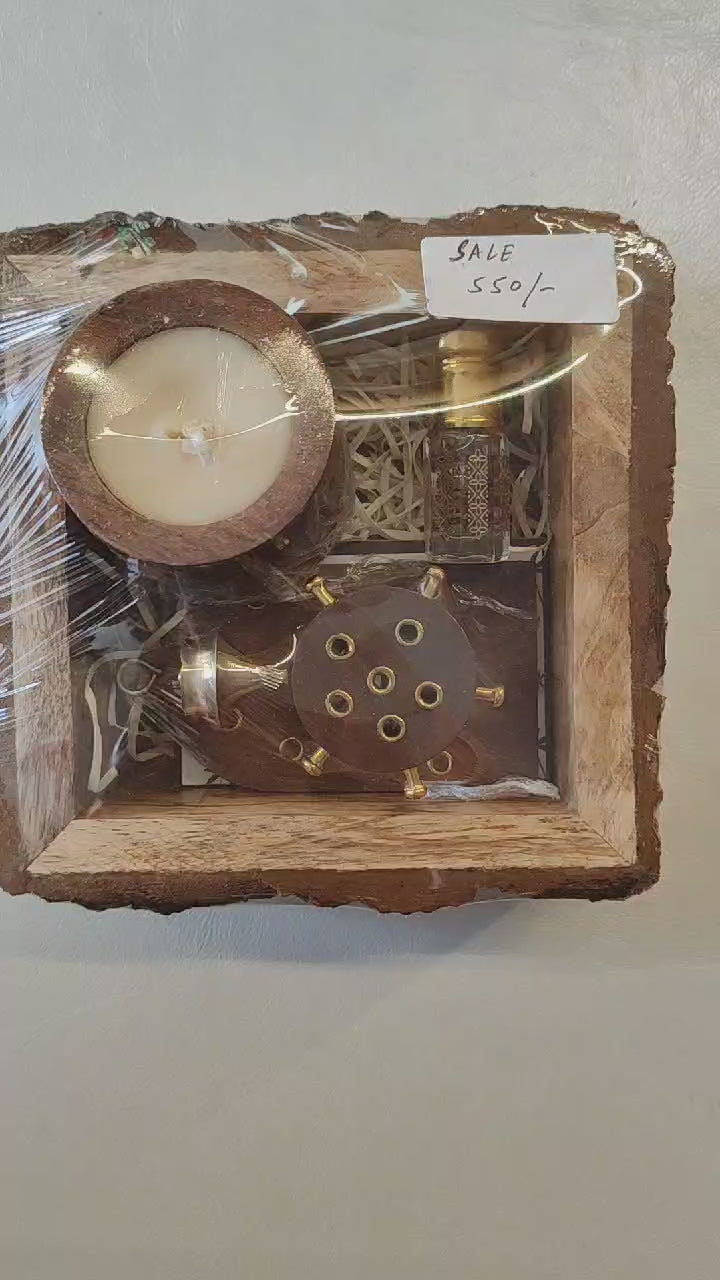 1 Designer Soy Wax Candle, Wooden Tortoise Incense Stick Holder, Roll-On Attar Perfume in Wooden Buckle Tray