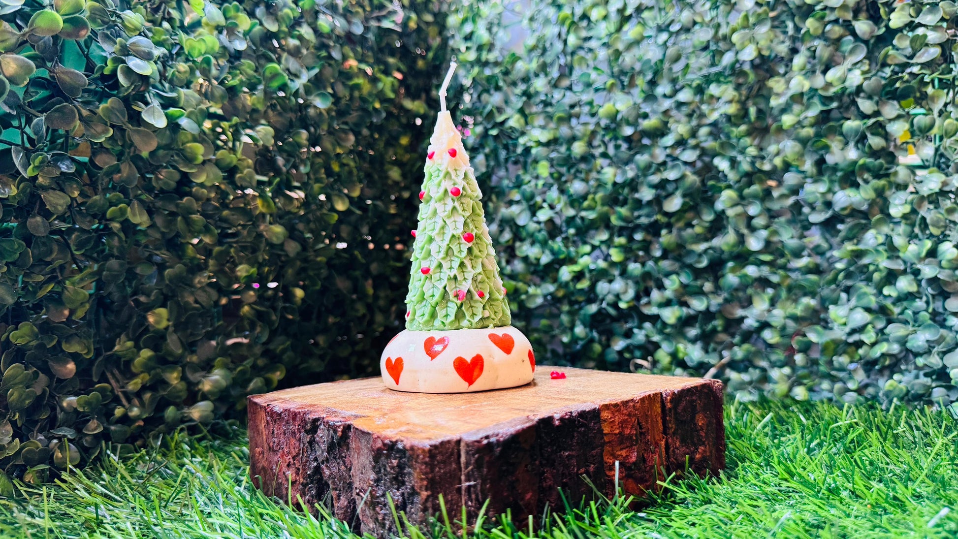 Christmas Tree-Shaped Candle Soy Wax with Hand-Painted Heart Design Ceramic Holder 1