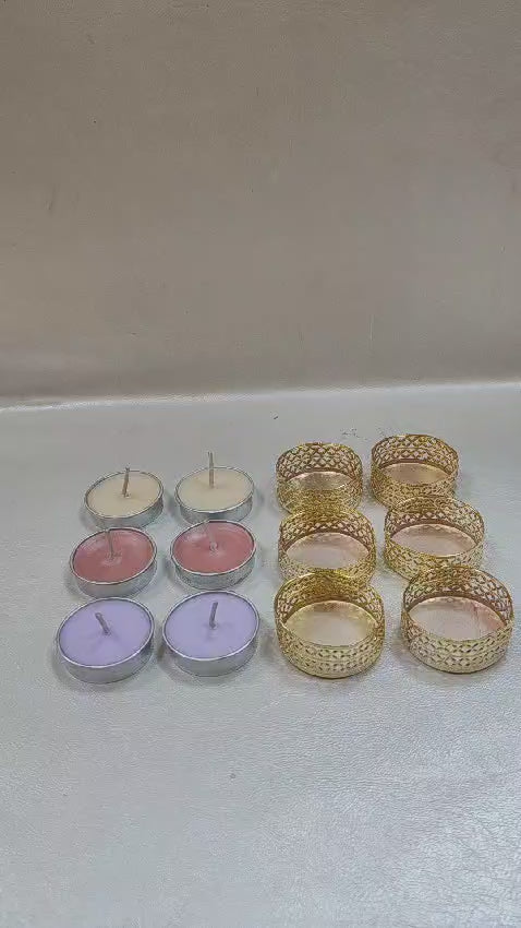 Tealight Candle Set with Decorative Golden T-Light Holders (Pack of 6)